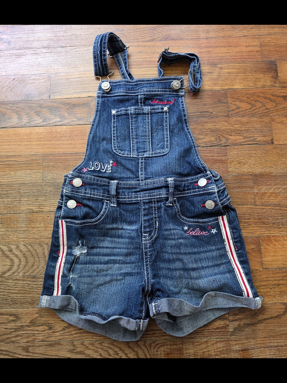 Jordache Dark Denim Kids Shortall with Red & White Stripe Trim